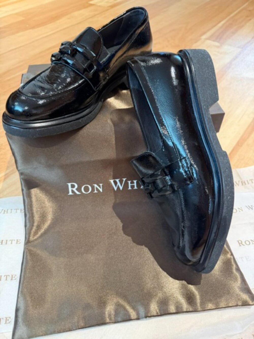 Ron White black patent loafers